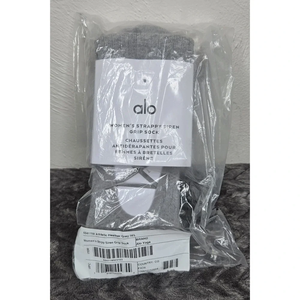 *NEW w/Tag ALO Womens Strappy Siren Grip Sock M/LG 8-11.5 Athletic Heather Grey